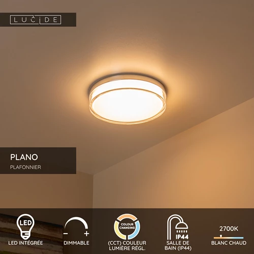 Lucide PLANO - Plafonnier Salle de bains - Ø 28 cm - LED Dim. - CCT - 1x16W 2700K/4000K - IP44 - Opalin - USP